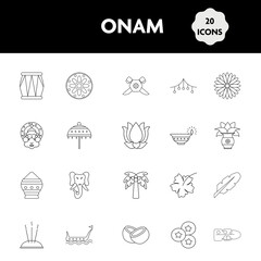Black Linear Style Onam 20 Festival Icon Set Or Symbol.