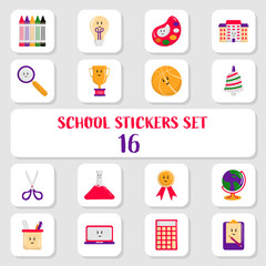 16 Cute School Sticker Set In Flat Style.