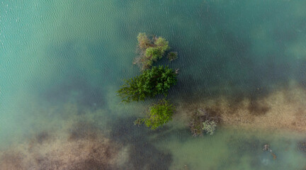 Archipel perdu en plein milieu d'un lac. Vue aérienne d'un tas de végétaux flottant dans l'eau.