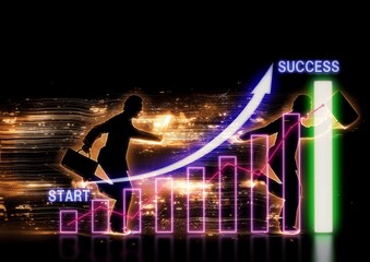ビジネス成功の概念で走るビジネスマンとチャート図のシルエットイラスト