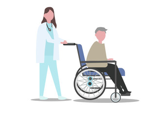 Obraz premium 高齢者が乗る車椅子を押す医者 老人 病院 介護 お年寄り 看護士 ベクターイラスト