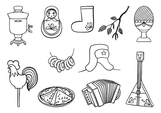 Vector stickers set of Russia symbols. Travel illustration with russian landmarks, food and symbols