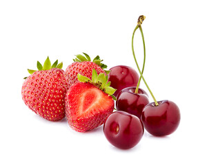 Sweet cherries with strawberries isolated on white background cutout. Ripe berries closeup. Berries assorted.