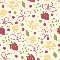 Strawberries and leaves seamless pattern in doodle style