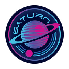 Saturn - stylized vector illustration of sixth Solar System planet. Template for logo, label, emblem.