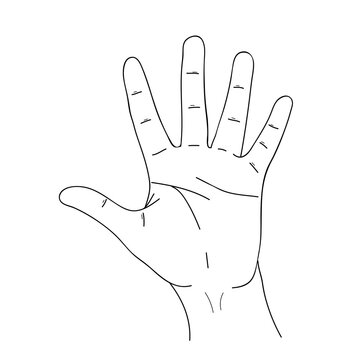 Sketch of sign Hi, Hand with five fingers. Open palm showing number five or Hello gesture. Black and white doodle, hand drawn image in line style. Vector