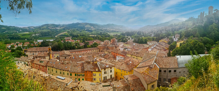 Brisighella, Ravenna, Emilia-Romagna, Italy. Beautiful panoramic aerial view of the medieval city