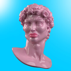 Abstract funny illustration from 3D rendering of a pink silicone classical male head sculpture with facial cosmetic surgery augmentation and isolated on blue background.