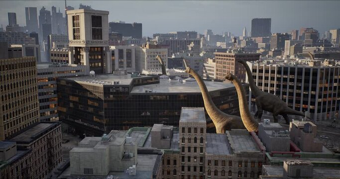 Brachiosaurus, sauropod walks down a New York street. Dinosaur. High skyscrapers downtown in the big city. USA, North America. 3D rendering