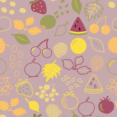 Watermelon, cherries, olives seamless pattern in doodle style