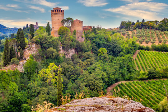 Brisighella, Ravenna, Emilia-Romagna, Italy, Ravenna, Emilia-Romagna, Italy. Beautiful panoramic aerial view of the medieval city and Manfredian fortress with clock tower. Famous symbols