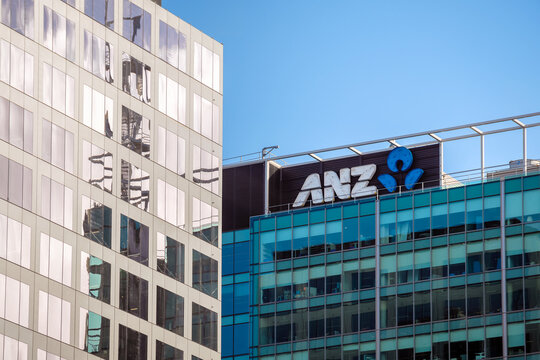 Adelaide, South Australia - August 19, 2019:ANZ bank building with its logo viewed from Victoria Square in Adelaide CBD on a day