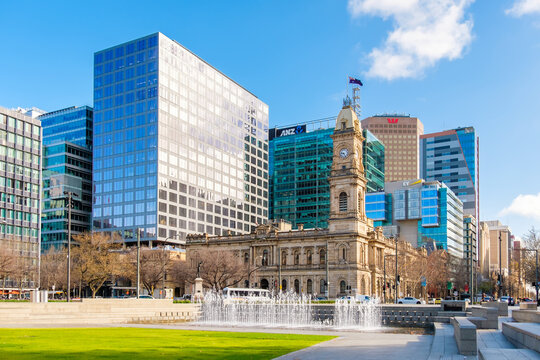 Adelaide, South Australia - August 13, 2019: Victoria Square in Adelaide CBD viewed towards North on a bright day