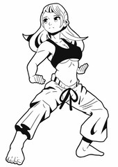 A cute karate girl with big breasts in a black top, she has wide pants on, she stands barefoot, drawn in the style of Japanese manga comics