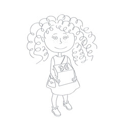 Sketch portrait of a little cartoon girl with a big gift box in her hands, isolate on white, flat vector