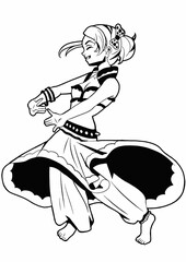 A cute girl dancer drawn in the style of Japanese manga comics, she has a concert costume, dress, wide pants, she stands on one leg