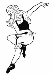 A cute girl with long blond hair drawn in the style of Japanese manga comics dances standing on one leg, she wears a black tank top and a knee-length dress