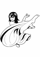 A cute girl with black hair drawn in the style of Japanese manga comics dances in a long dress while standing on one leg, she looks to the side.