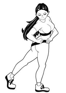 A cute girl athlete stands and straightens her leggings, she has big breasts, wears a topic. She has long black hair in a manga-style ponytail. © Ivan