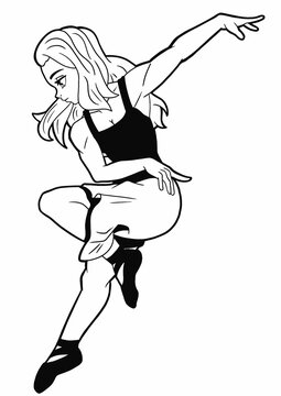 A cute girl with long blond hair drawn in the style of Japanese manga comics dances standing on one leg, she wears a black tank top and a knee-length dress