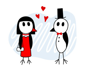 Love birds. Birds in evening dress. Stylized pair of birds. Funny vector illustration.
