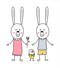 Rabbits boy and girl next to the chicken. Funny vector illustration on the theme of childhood and friendship.