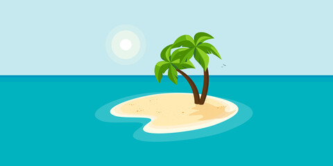 Lonely sandy island with palm tree on beach in middle of blue sea ocean water and summer sunny sky in background. Desert island alone with water around. Minimalist cartoon flat vector illustration. - obrazy, fototapety, plakaty
