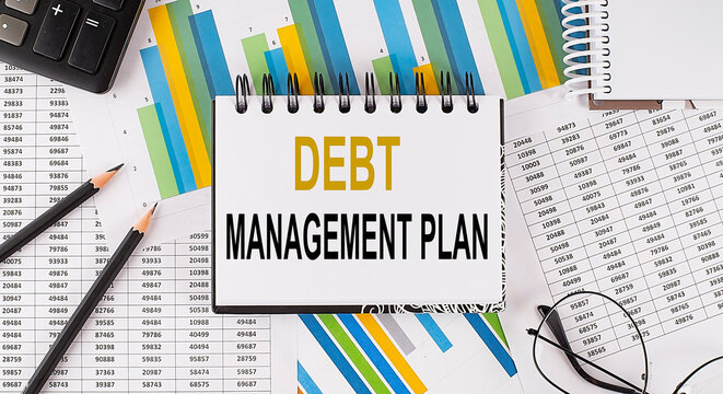Closeup a notebook with text DMP - Debt Management Plan , business concept image on chart background