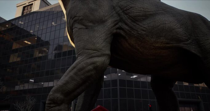 Brachiosaurus, sauropod walks down a New York street. Dinosaur. High skyscrapers downtown in the big city. USA, North America. 3D rendering
