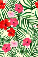Tuinposter Tropical vector pattern with hibiscus, orchid, palm leaves.Exotic style. Seamless botanical print for textile, print, fabric on dark background © Logunova  Elena