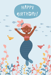 Happy birthday card with african american mermaid