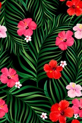 Foto op Canvas Tropische vector patroon met hibiscus, orchidee, palm bladeren. Exotische stijl. Naadloze botanische print voor textiel, print, stof op donkere achtergrond © Logunova  Elena