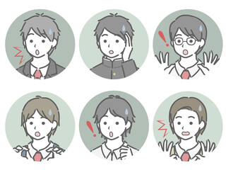 驚く男子学生の斜め向き丸アイコンセット