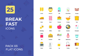 Breakfast Flat Icons Collection. Set contains such Icons as Toaster, bread, Tea, Juice and more.