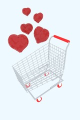 Shopping trolley with red hearts on a white background,  Online shopping concept. 3D rendering. Business and finance.