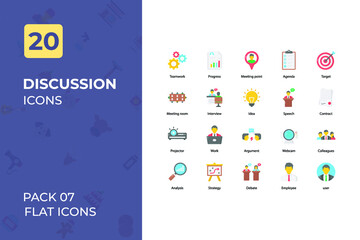 Discussion Flat Icons Collection. Set contains such Icons as talk, chat, conversation, video call, meeting, and more.