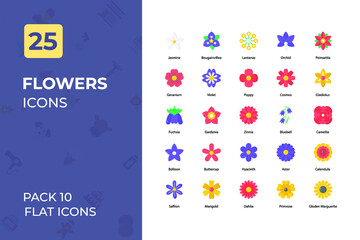 Flower Flat Icons Collection. Set contains such Icons as red rose, sun flower, lirs, and more.