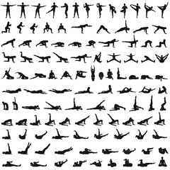 Big set of vector silhouettes of girl practicing yoga and fitness. Shapes of slim woman doing exercises and stretching in different poses isolated on white background. Healthy lifestyle consept.