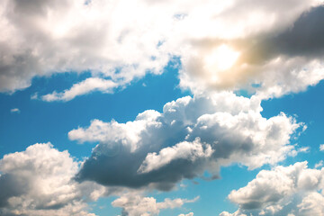 Soft focused view of beautiful thunderclouds. Beautiful dramatic blue sky background with fluffy clouds.