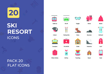 Ski resort Flat Icons Collection. Set contains such Icons as cable car, ski lift, google, snow, and more.