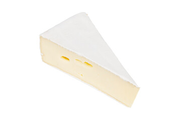 A piece of yellow brie cheese on a white background. Close-up.