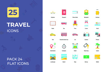 Travel Flat Icons Collection. Set contains such Icons as passport, ticket, holidays, hotel, and more.
