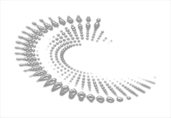 Twisted polka dot halftone helix in fused aluminium, in flowing silver dragee. Vector.