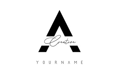 Creative A logo with cuts and handwritten text concept design. Letter with geometric design.
