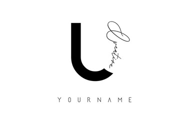 Creative U logo with cuts and handwritten text concept design. Letter with geometric design.