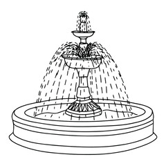 The classic water fountain is made in the shape of a flower, doodle style drawing.