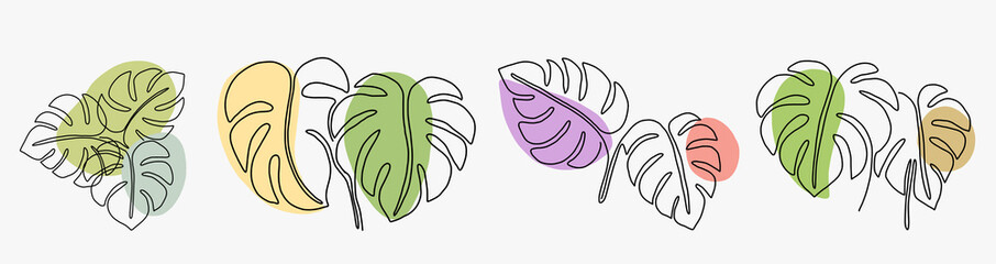 Simplicity monstera leaf freehand continuous line drawing flat design. - obrazy, fototapety, plakaty