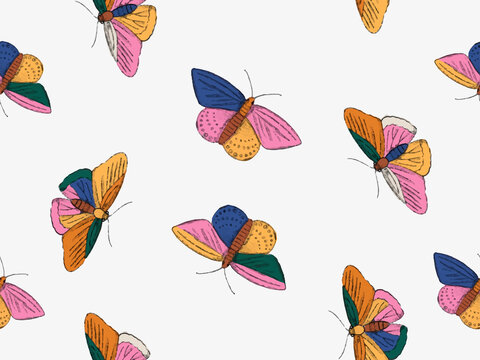 Trendy Childish Colorful Butterflies Seamless Pattern . Natural doodle design for fabric, textile, card, print, wallpaper. Illustrationfor wallpaper, backdrop, textile, fabric, home decor, invitation