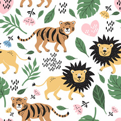 Obraz premium Seamless pattern with cute cartoon animals. Tropical plants, tigers, lions.