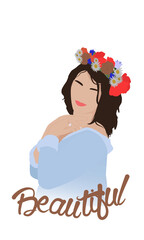 Beautiful female with long hair and with a wreath of flowers on her head. Vector postcard in a minimalist style. International Women's Day. Postcard with inscription isolated on white background.